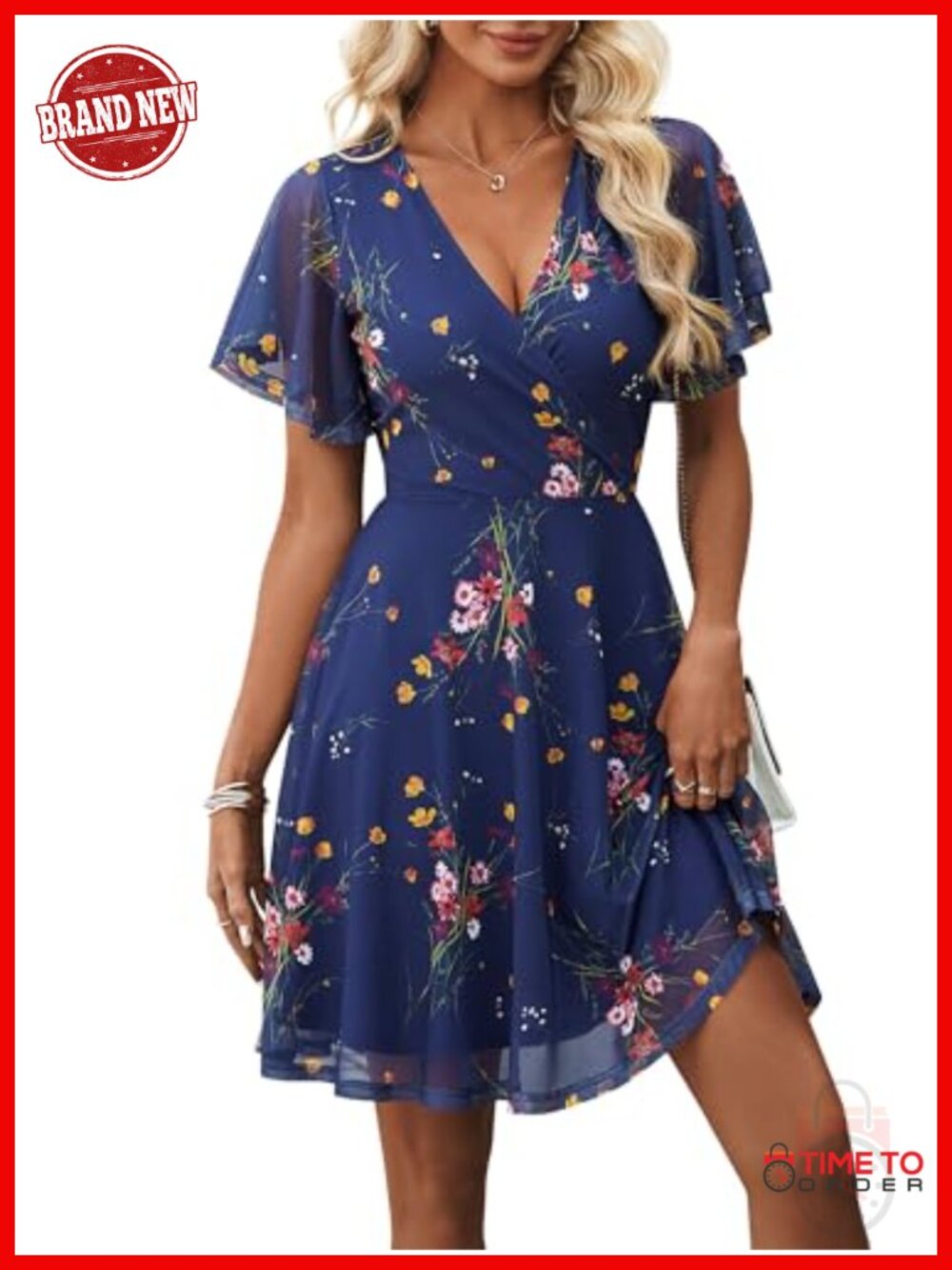 Womens Floral Wrap V Neck Mesh Ruffle Sleeve A-Line Midi Dress